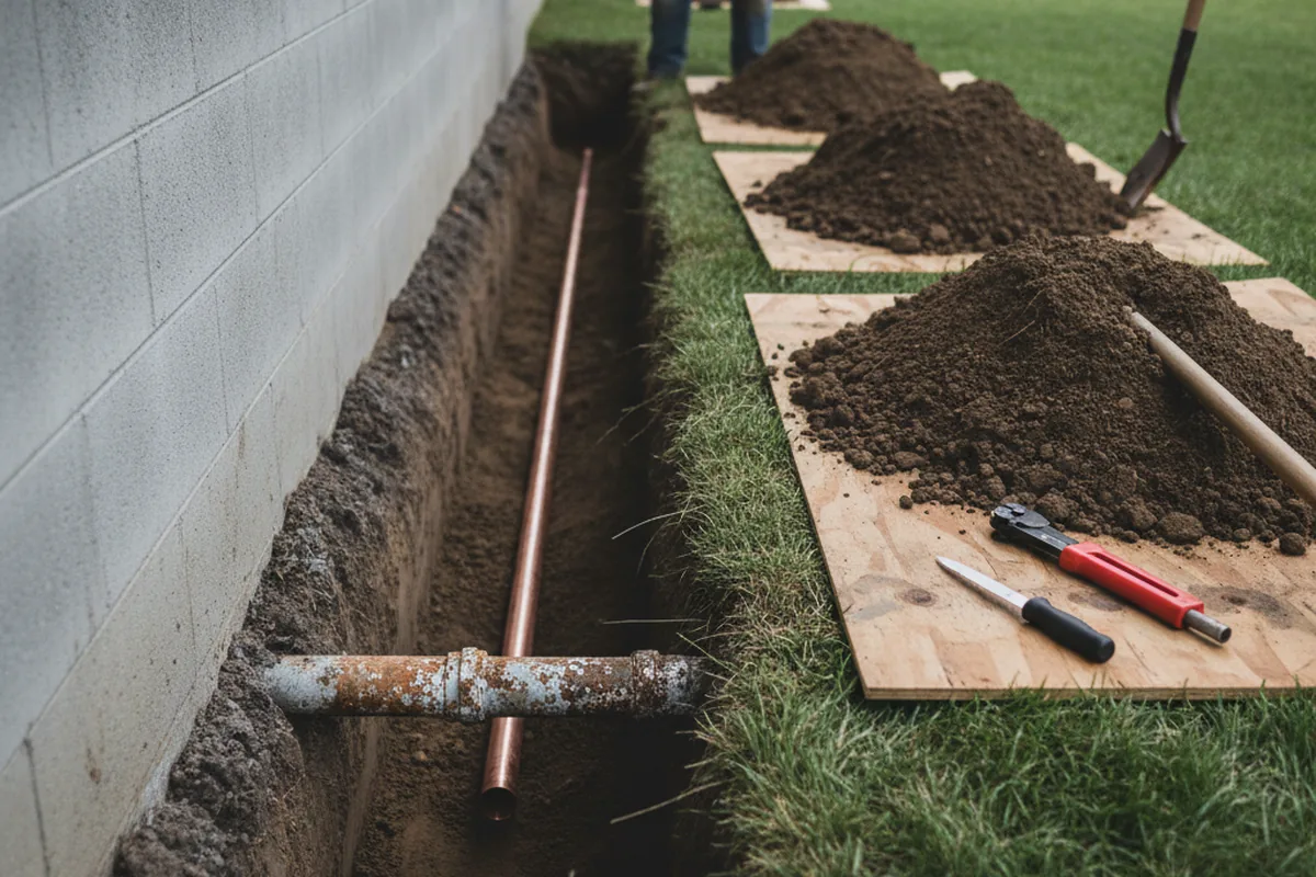 Excavated water line trench during Sewer Line Repair in Lorain